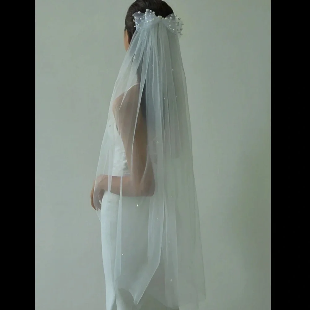 Pearl bow long veil bridal wedding boho chic